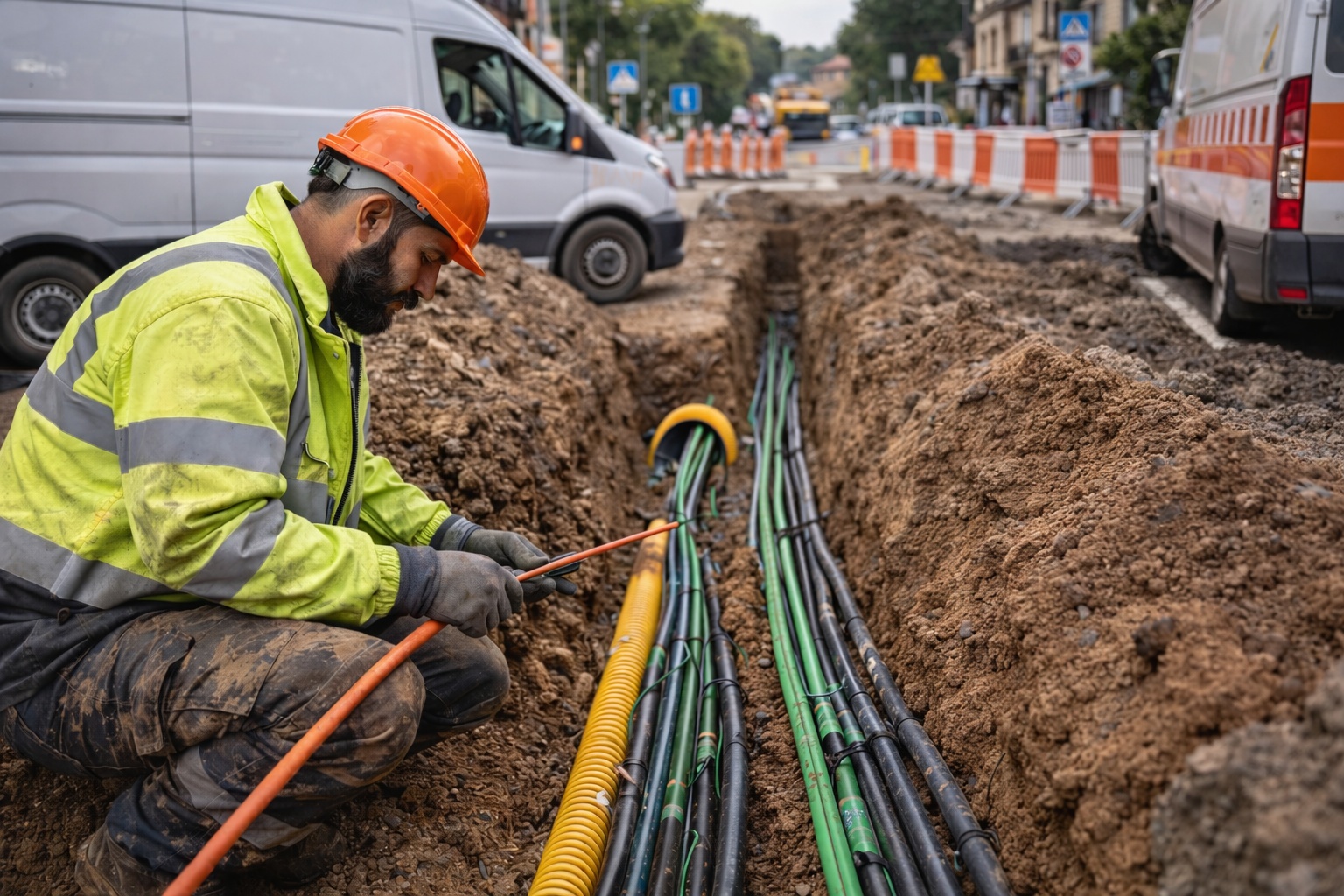 Operaio impegnato in attività su rete in fibra ottica